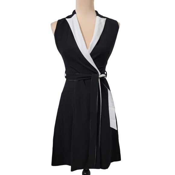 Calvin Klein Size 2P Black & White Colorblock Faux Wrap Dress, Exc. Used Cond. - Picture 2 of 16